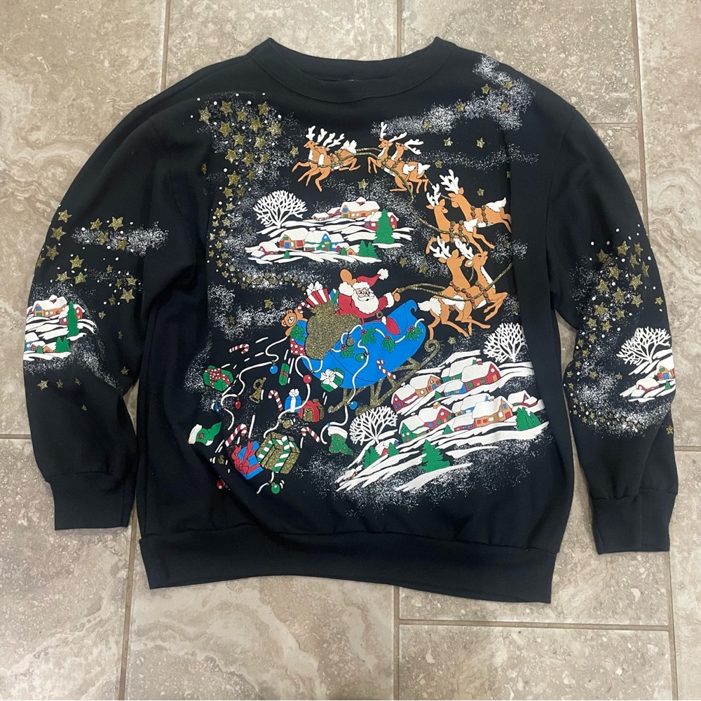 VTG CHRISTMAS ON MAIN STREET SWEATSHIRT SANTA CLAUS SLEIGH‎ PRESENTS WOMENS L
